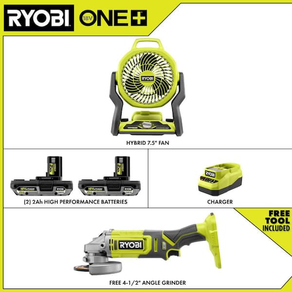 ONE+ 18V Cordless Hybrid 7.5 in. Fan Kit w/ (2) 2Ah Batteries, Charger, w/ FREE ONE+ 18V Cordless 4-1/2" Angle Grinder