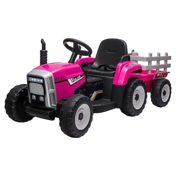 12V Ride on Tractor, Electric Vehicle Toy with Trailer and Remote Control, 3-Gearshift, Rose Red