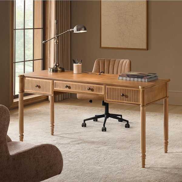 Roland 60 in. Rectangle Teak Wood 3-Drawers Desk with Charging Station