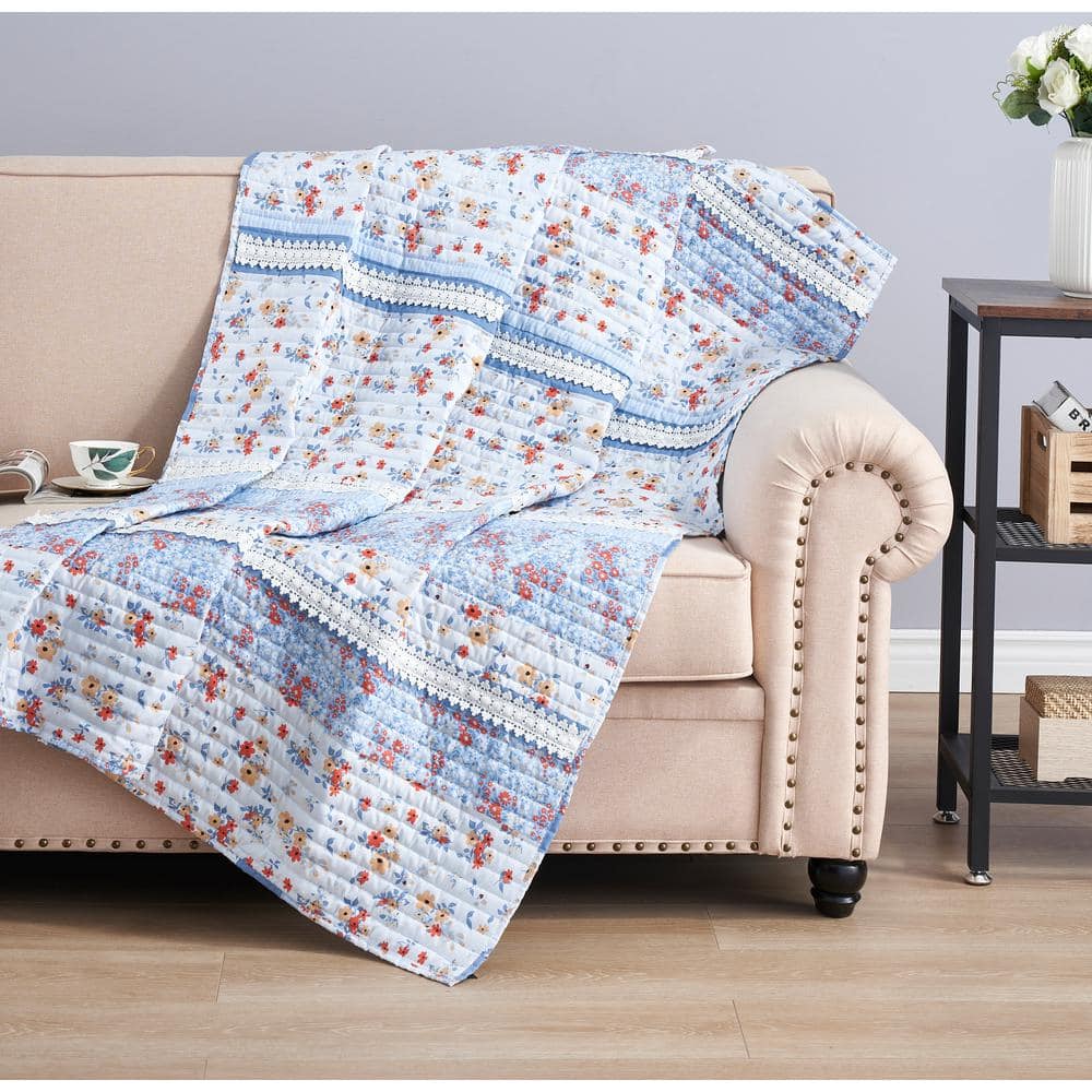 Light Blue Floral Lace Embellished Reversible Throw Blanket