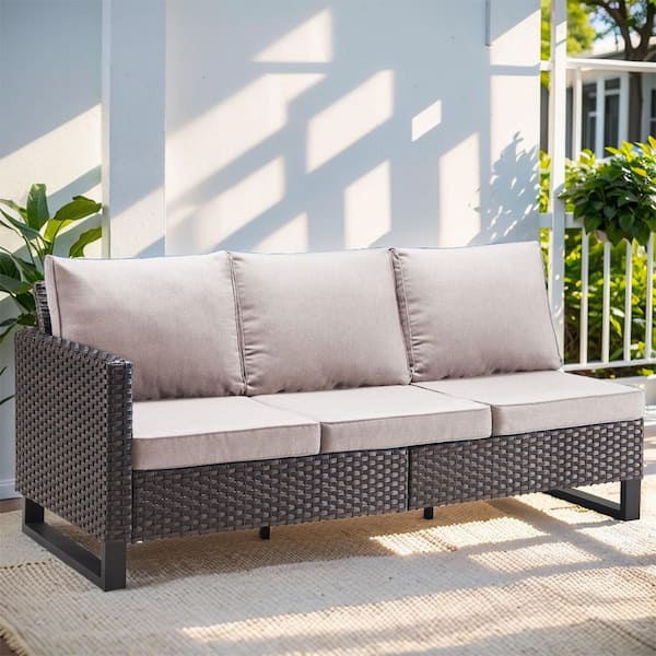 7-Piece Brown Wicker Fire Pit Conversation Set with Olefin Beige Cushions and Sectionsal Sofa/Storage Box