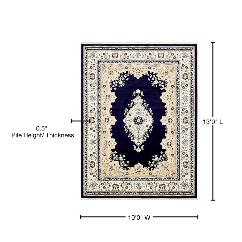 Elegant Navy Blue Floral 10' x 13' Synthetic Rectangular Rug