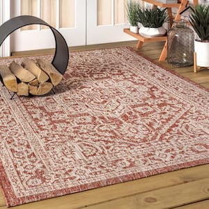 Sinjuri Red/Taupe 9 ft. x 12 ft. Medallion Textured Weave Indoor/Outdoor Area Rug