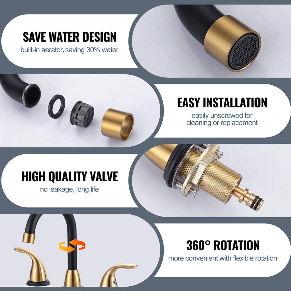 8 Inch Black and Gold Double Handle Widespread Bathroom Faucet