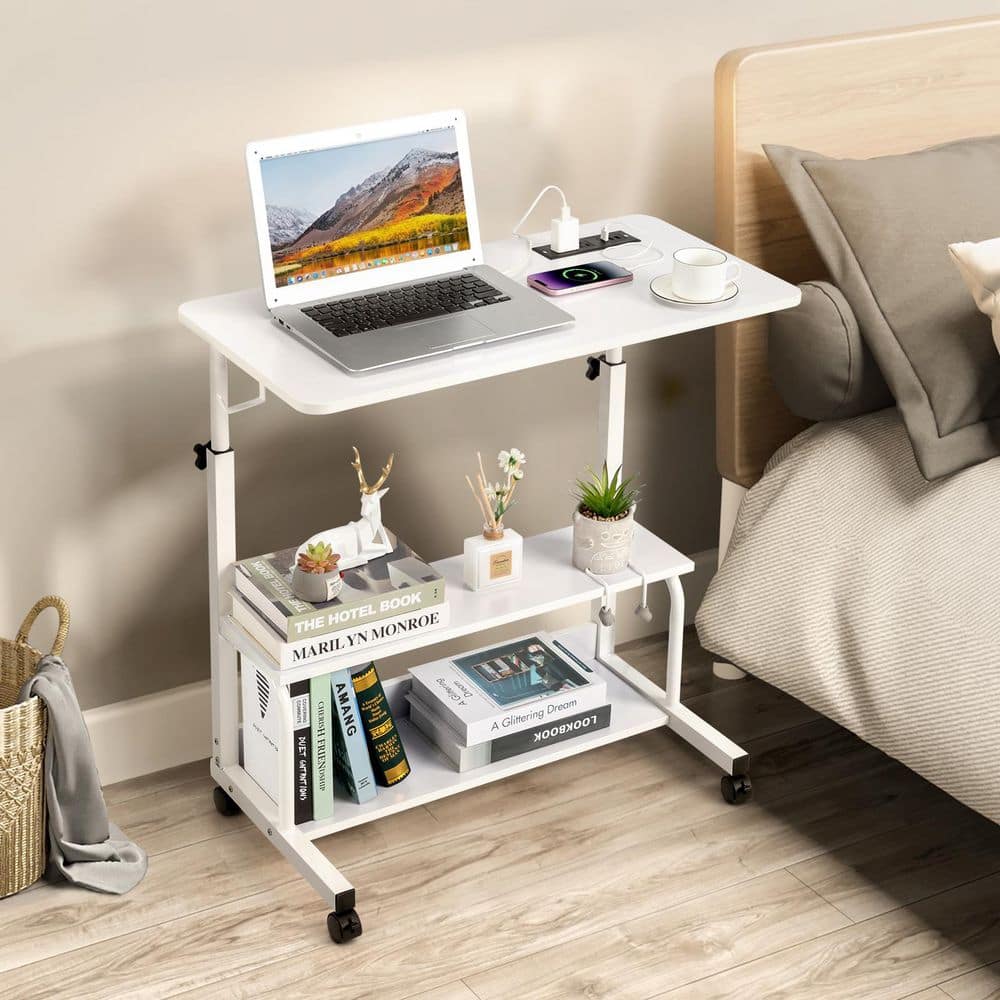 Home Computer Table Desk Karl home Rolling & Height Adjustable 31.5 in Rectangle White Metal ...