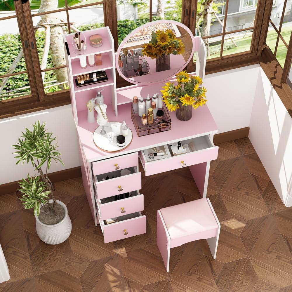 5-Drawers Pink Makeup Vanity Dressing Table Set with Stool, Mirror and Storage Shelves Girls Dressing Table - thumbnail 3