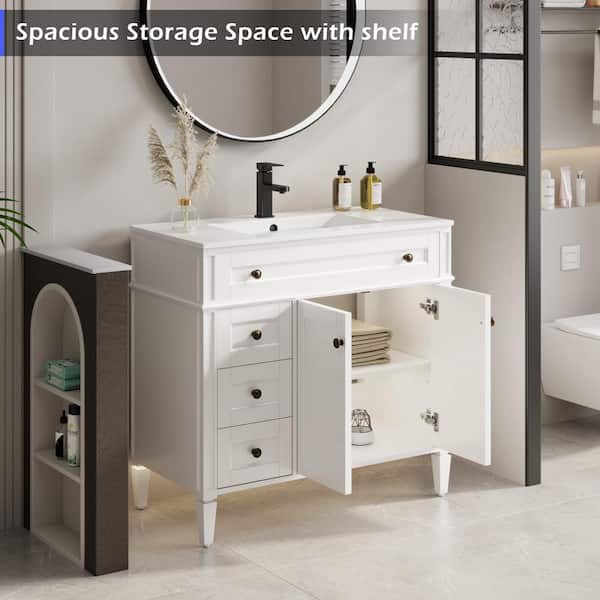 36 in. W x 18 in. D x 34 in. H 1-Sink Freestanding Bath Vanity in White with White Ceramic Top and Drain Faucet Set