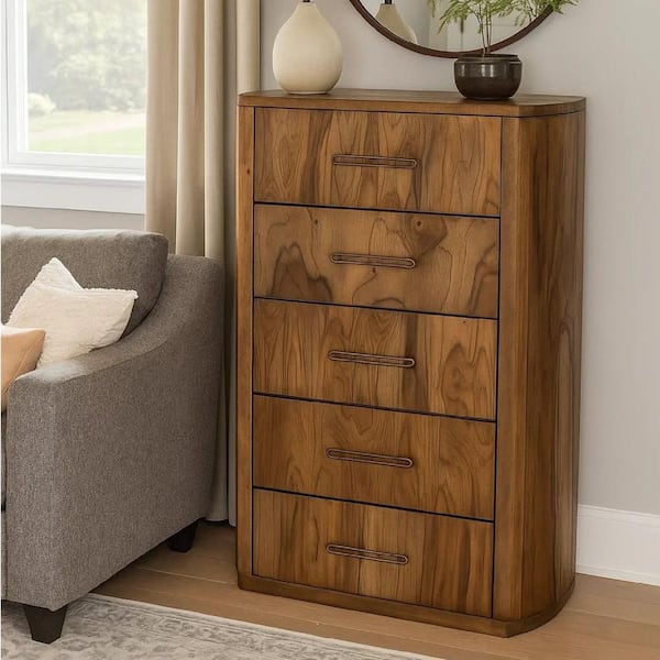 Benjara Eray Almond Barrel Brown 5-drawer 19.75 in. Wide Tall Chest of  Drawers Dresser without Mirror BM334284