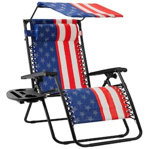 Zero Gravity Folding Reclining American Flag Outdoor Lawn Chair with Canopy Shade, Headrest Tray