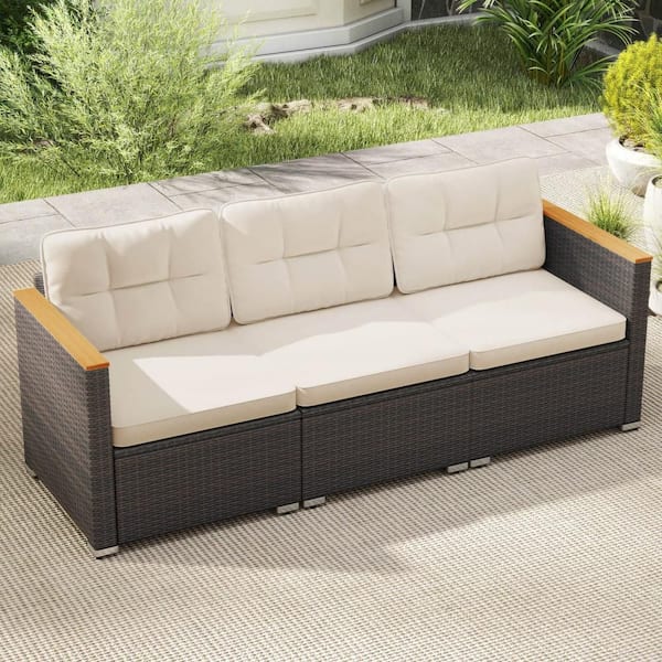 3-Piece Mix Gray PE Rattan Wicker Outdoor Modular Sectional Sofa with Off White Cushions