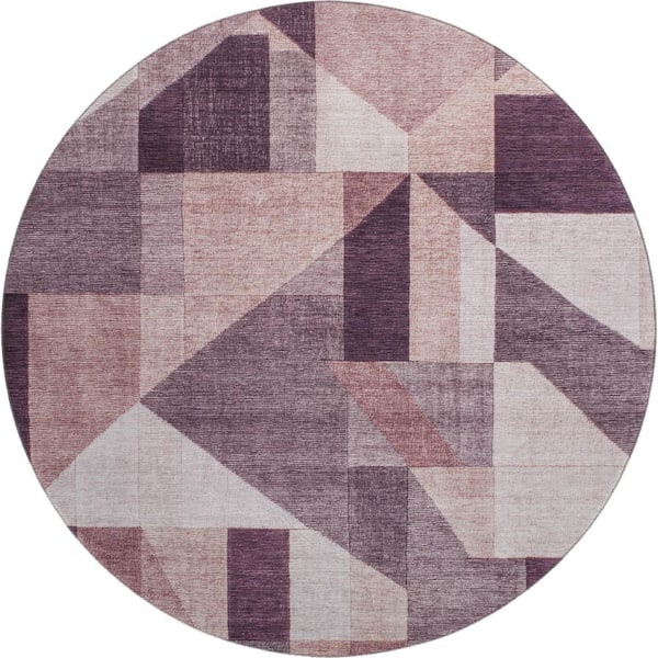 Mayfield Premium Machine Washable Abstract AMF2365 Eggplant 8 ft. x 8 ft. Round Rug