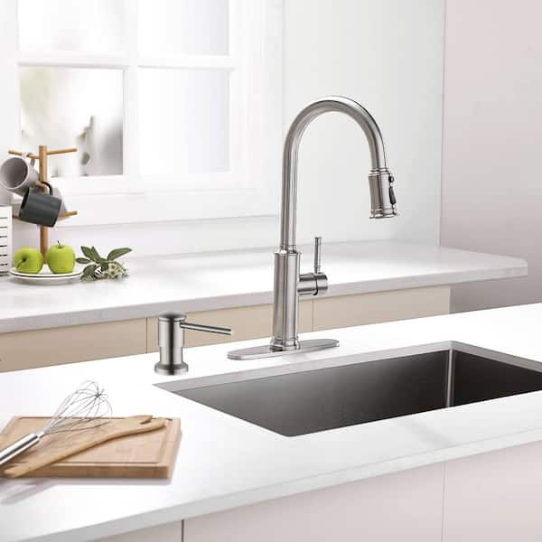 Single Handle Pull Down Sprayer Kitchen Faucet with Soap Dispenser in Brushed Nickel