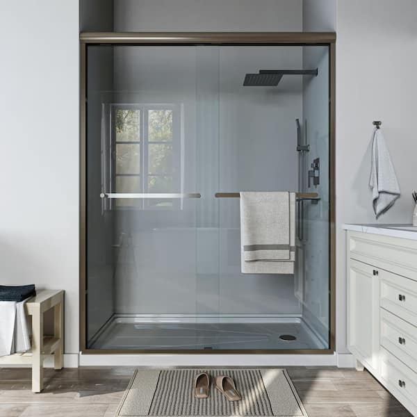 56 in. to 60 in. W x 72 in. H Sliding Framed Shower Door in Oil Rubbed Bronze with Clear Glass Double Sliding Reversible