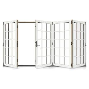 W5500 124 in. x 80 in. Modern White LeftHand/Outswing Aluminum CladWood 4-Panel Prehung Folding Patio Door w/15Lite Grid