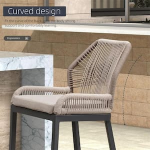 Modern Aluminum Twill Wicker Woven Bar Height Outdoor Bar Stool with Back and Dark Gray Cushion (4-Pack)