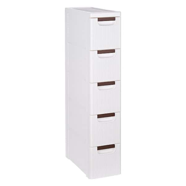 Narrow Bathroom Storage Cabinet with 5-Drawers, Slim Rolling Accent Storage Organizer with Wheels, White