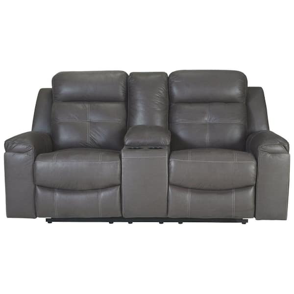 Benjara 76 in. Gray Solid Polyester 2-Seater Reclining Loveseat with Storage Console