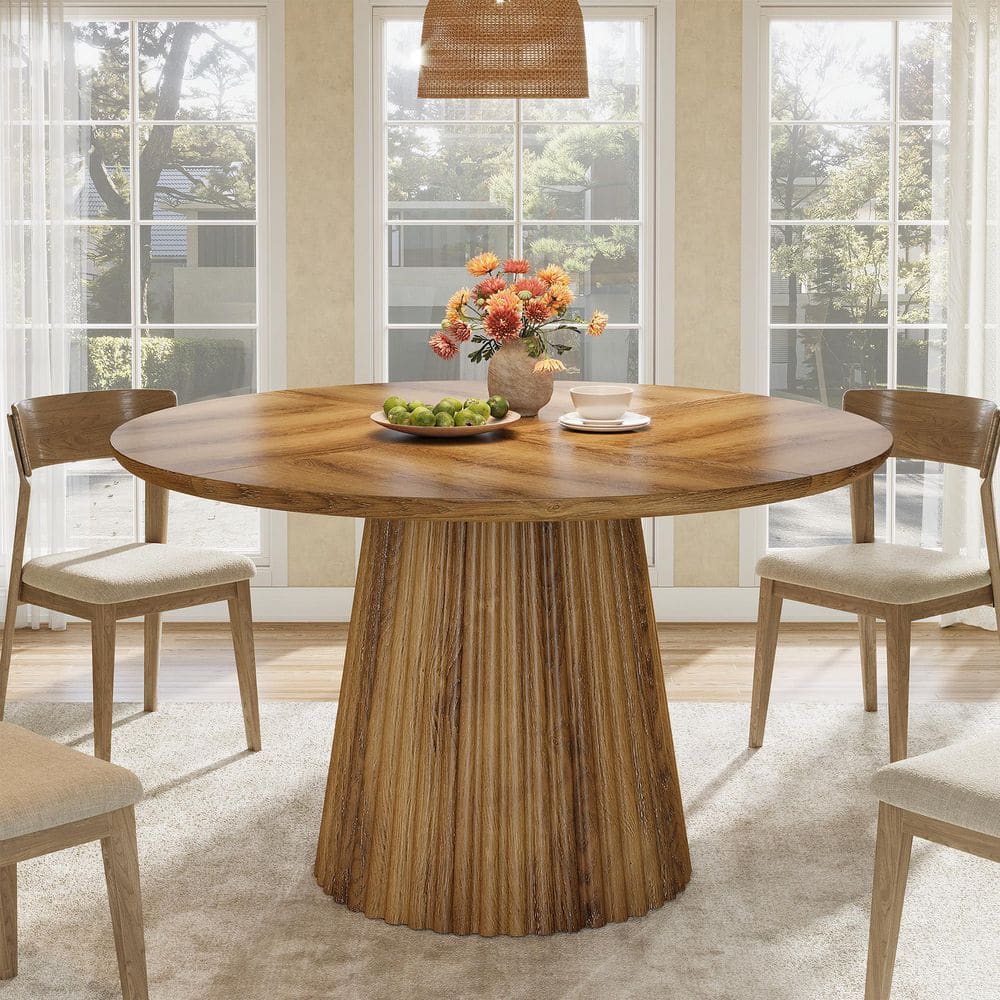 Roesler Brown Wood 47 in. Pedestal Round Dining Table for 4-6 People, Farmhouse Kitchen Table with Fluted Base