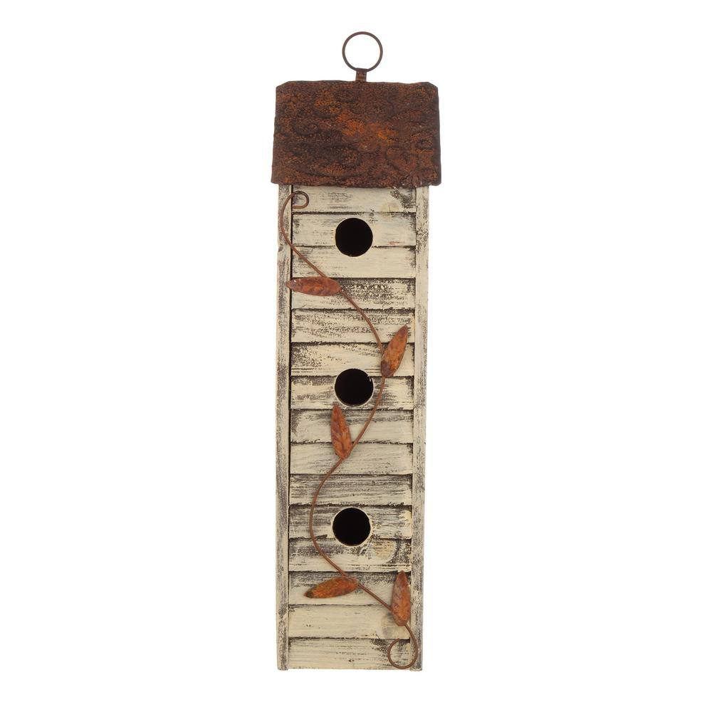 Distressed Off-White Three-Tier Wooden Birdhouse with Metal Roof