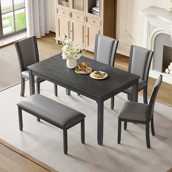 6-Piece Rectangle Gray Wood Top Dining Room Set Seats 6