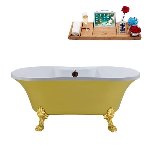 Streamline 60 in. Acrylic Clawfoot Non-Whirlpool Bathtub in Matte Yellow With Polished Gold Clawfeet,Matte Oil Rubbed Bronze Drain