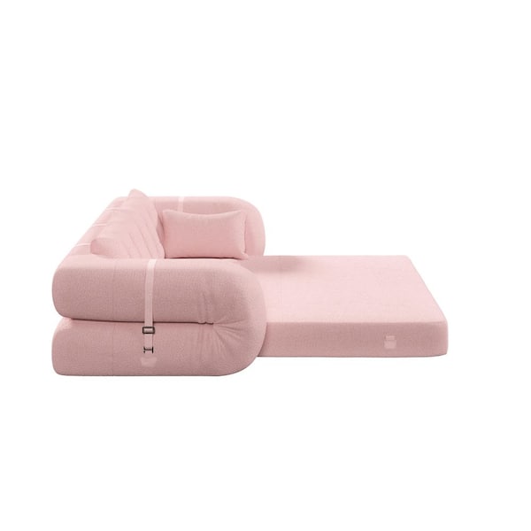 Nestfair 78.7 in. W Pink Teddy Fabric Full Size Multi-Functional Foldable Sofa Bed, Compressed Human Dog Bed, No Assembly