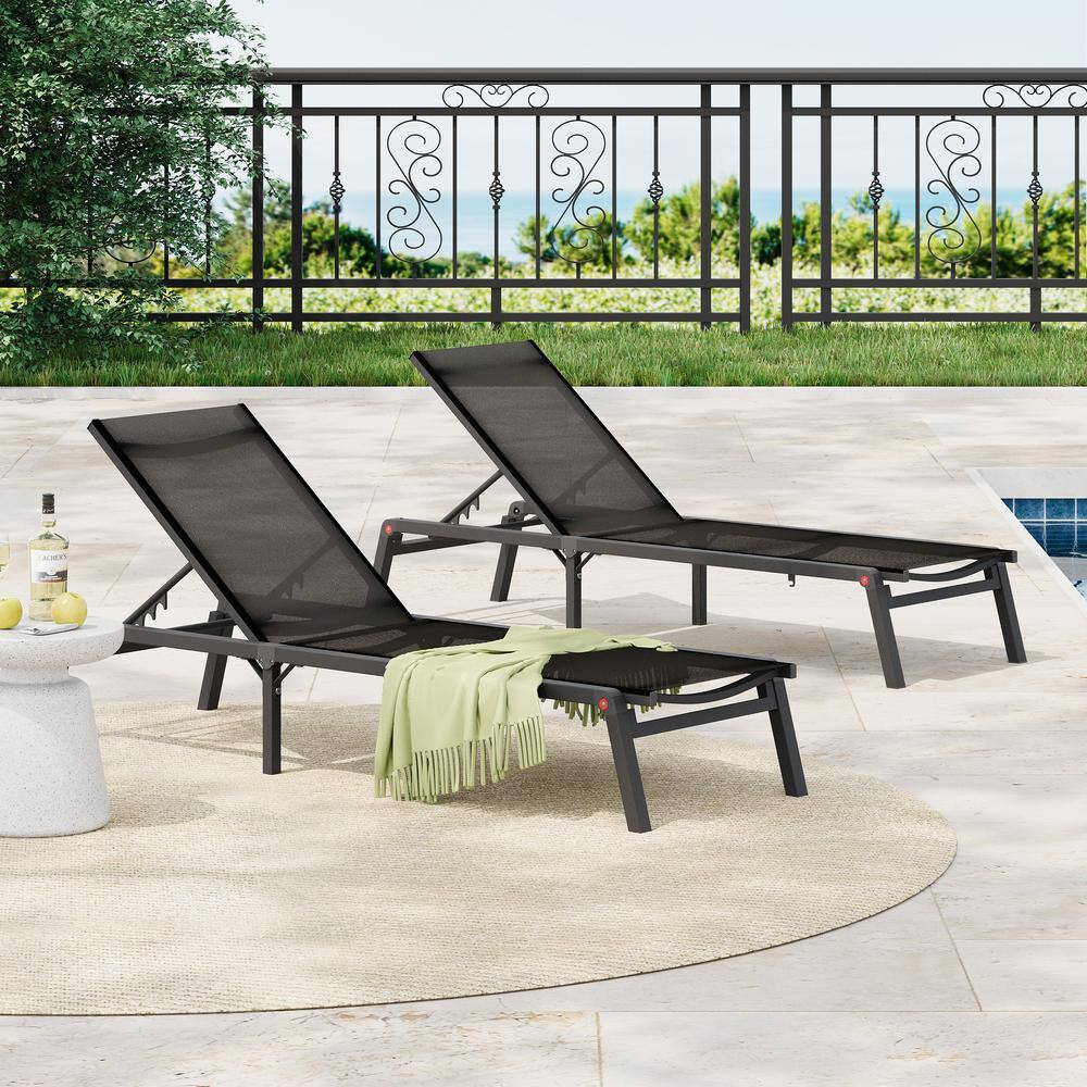 Black Aluminum Adjustable Outdoor Folding Chaise Lounge Set