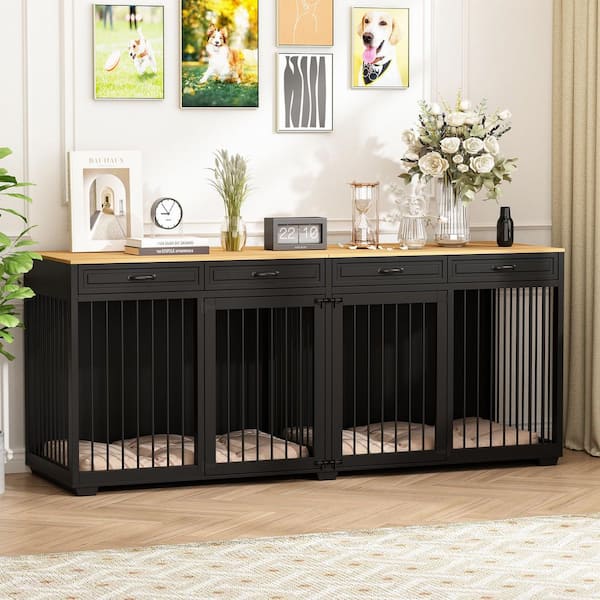 XXXL for 2 Large Dogs, Super Large Dog Cage, Indoor Wooden Dog Pens House Kennel with 4 Drawers and Divider, Black