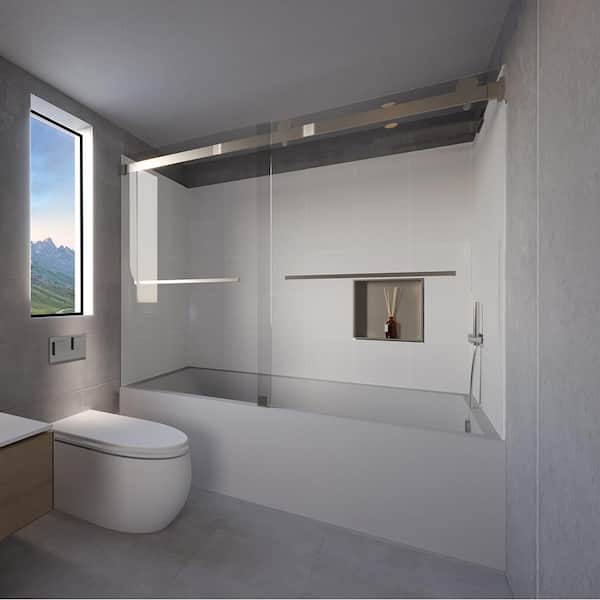 NuVo Dove Grey-Tetherow 60 in. L x 32 in. W x 83 in. H Rectangular Tub/ Shower Combo Unit in Brushed Nickel Right Drain