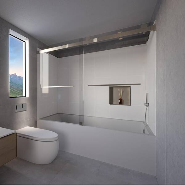 NuVo Dove Grey-Tetherow 60 in. L x 36 in. W x 83 in. H Rectangular Tub/Shower Combo Unit in Brushed Nickel Right Drain