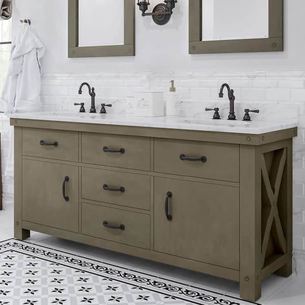Water Creation Aberdeen 72 in. W x 34 in. H Vanity in Gray with Marble Vanity Top in Carrara White with White Basins and Faucets