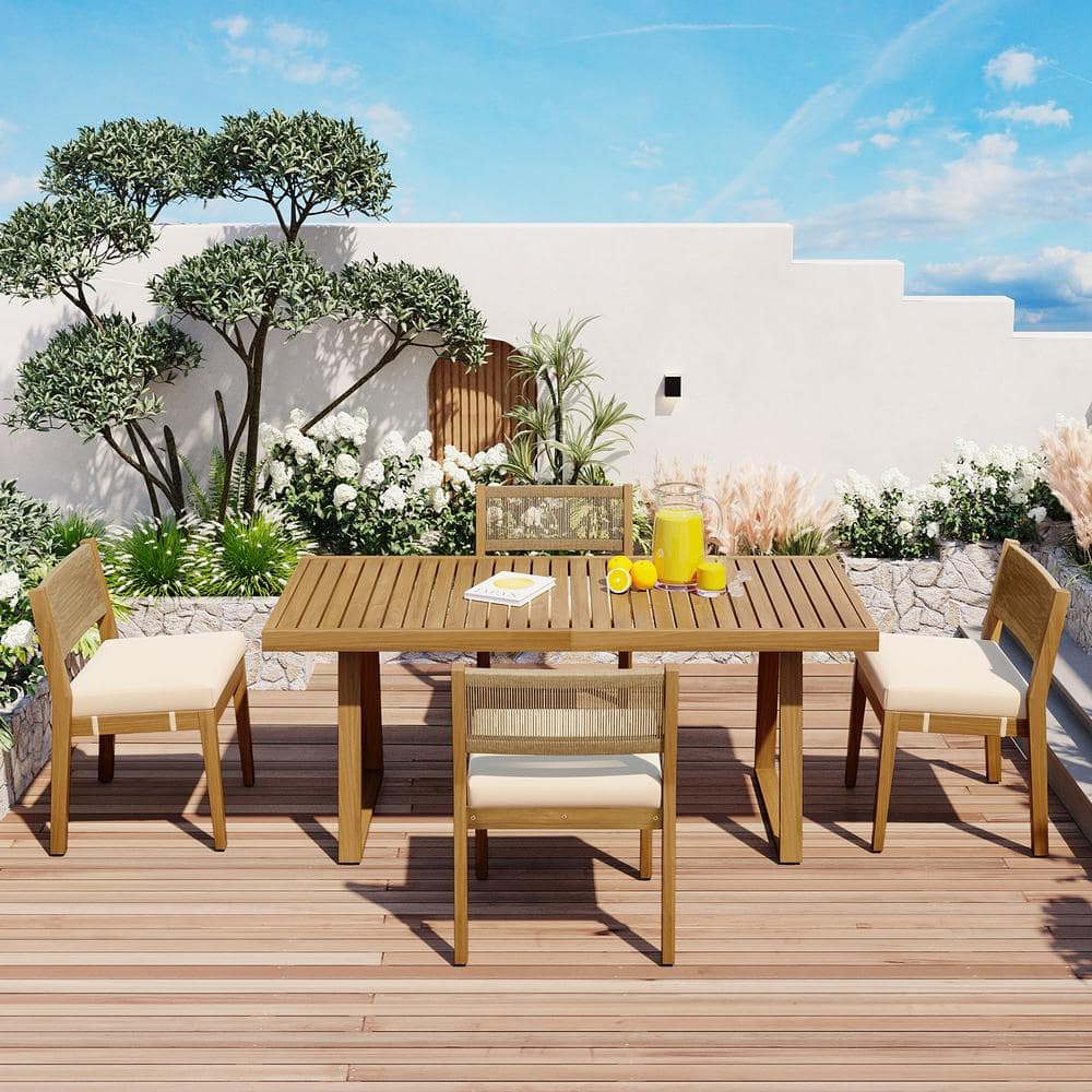 5 -Piece Acacia Wood Outdoor Dining Sets, with Beige Cushions, Suitable for