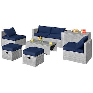 8-Pieces Wicker Patio Conversation Set Storage Waterproof Cover with Navy Cushion