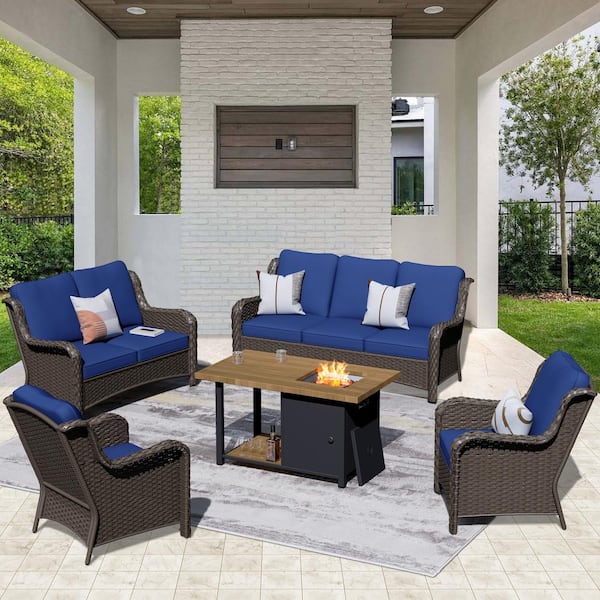 OVIOS Joyo Ung Brown 5-Piece Wicker Outdoor Patio Fire Pit Table Conversation Seating Set with Navy Blue Cushions