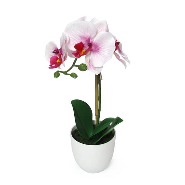 13 in. Lavender White Artificial Phalaenopsis Orchid Flower Arrangement in White Pot