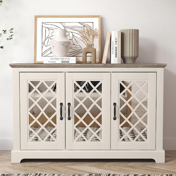 GALANO Millicent Ivory with Knotty Gray Oak Wood 45.7 in. 3-Door W Sideboard with Adjustable Shelves