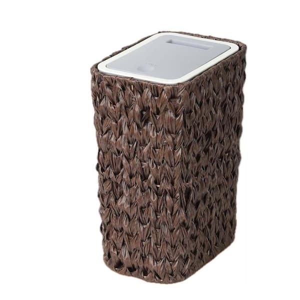 Unbranded 2.6 Gal. Brown Small Garbage Can with Rattan Basket,Slim Wicker Wastebasket Trash Can Press Top Lid for Bathroom,Kitchen