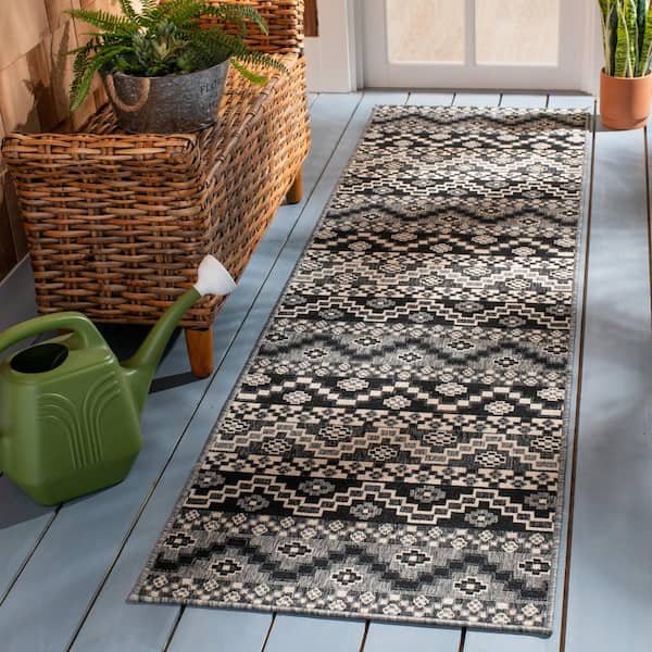 Veranda Black/Beige 2 ft. x 10 ft. Aztec Tribal Indoor/Outdoor Patio  Runner Rug