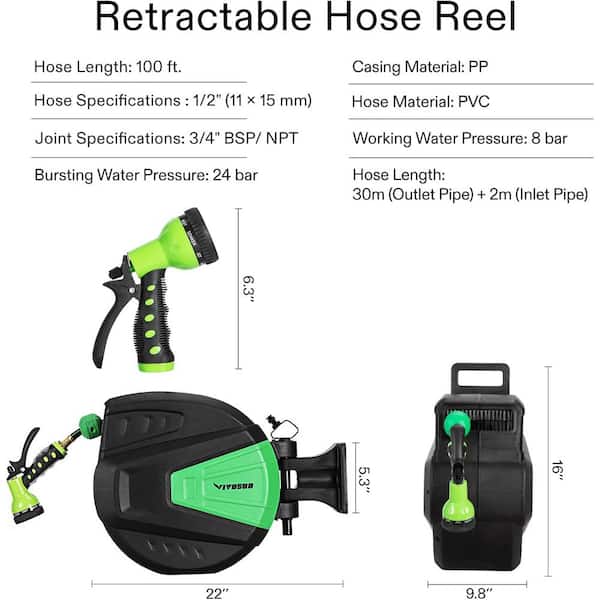 Retractable Hose - 100 Ft Garden Hose With 9 Nozzle Patterns
