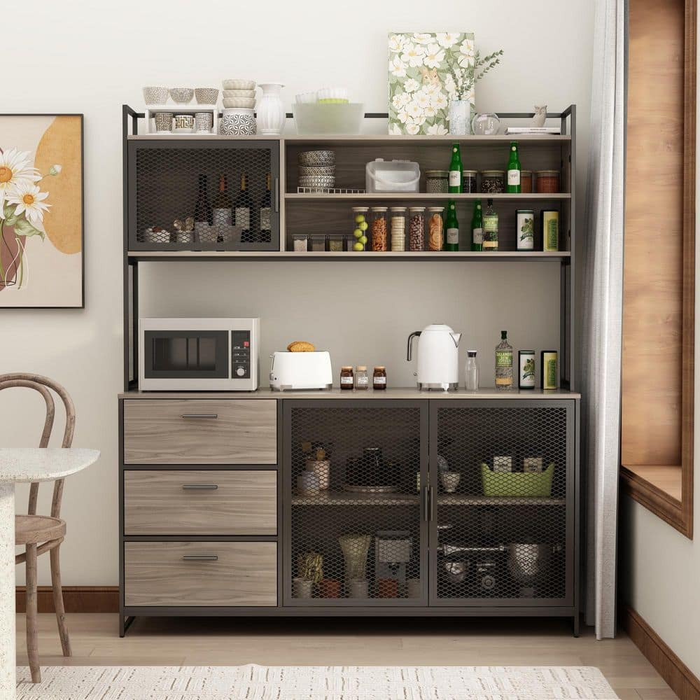 FUFU&GAGA 59 in. W Kitchen Light Brown Wood Buffet Sideboard Pantry ...