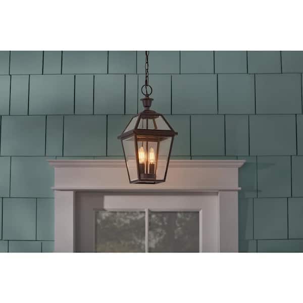 Glenneyre 18 in. 2-Light Oil-Rubbed Bronze French Quarter Gas Style Outdoor Hanging Light Pendant Light with Clear Glass