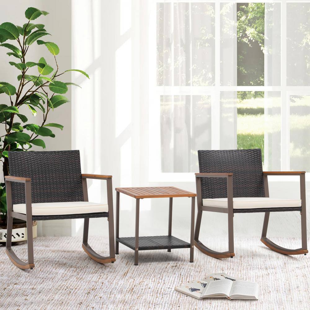 3-Piece Brown Wicker Outdoor Rocking Chair Bistro Conversation Set with Bei