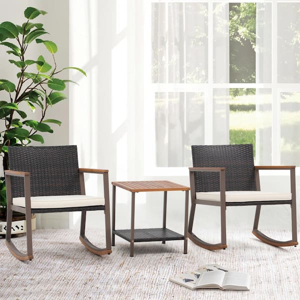 Freestyle 3-Piece Brown Wicker Outdoor Rocking Chair Bistro Conversation Set with Beige Cushions