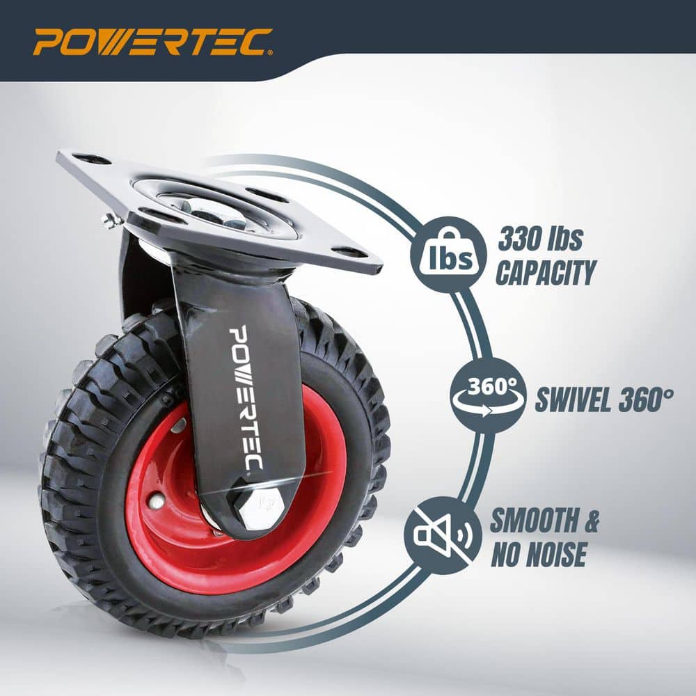POWERTEC 6 Inch Heavy Duty Swivel Plate Caster with Rubber Knobby Tread