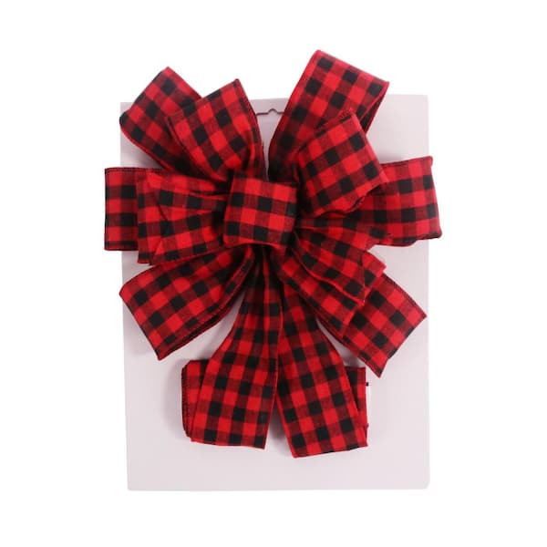 Santaland Burlap/PVC 11 in. x 31 in. Christmas Tree Topper Bow -Red Holiday Plaid