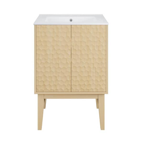 Swiss Madison Bosse 24 in. Freestanding Bathroom Vanity in Natural Oak with White Ceramic 3-Hole Centerset Sink Top