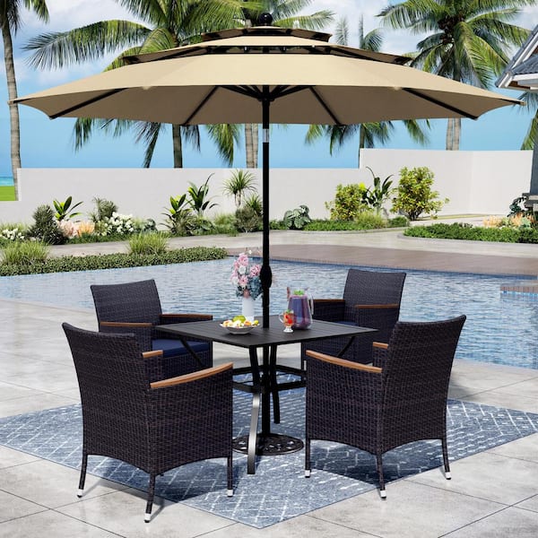 PHI VILLA Black 6-Piece Metal Patio Outdoor Dining Set with Slat Square Table, Umbrella and Rattan Chairs with Blue Cushion