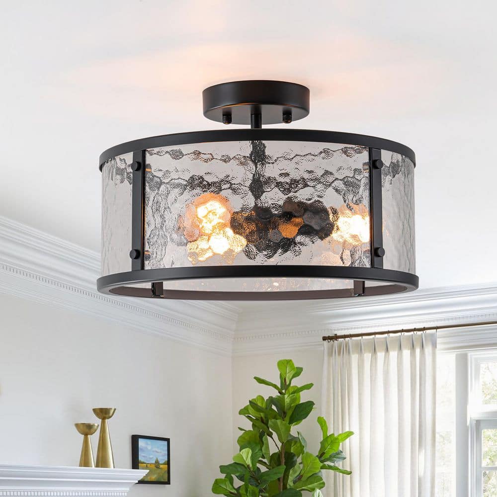 Dvorakova 13.78 in. 3-Light Matte Black Semi Flush Mount Light with Hammered Drum Glass Shade price history on PriceWatchPro