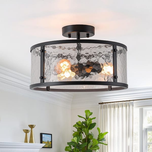 Dvorakova 13.78 in. 3-Light Matte Black Semi Flush Mount Light with Hammered Drum Glass Shade