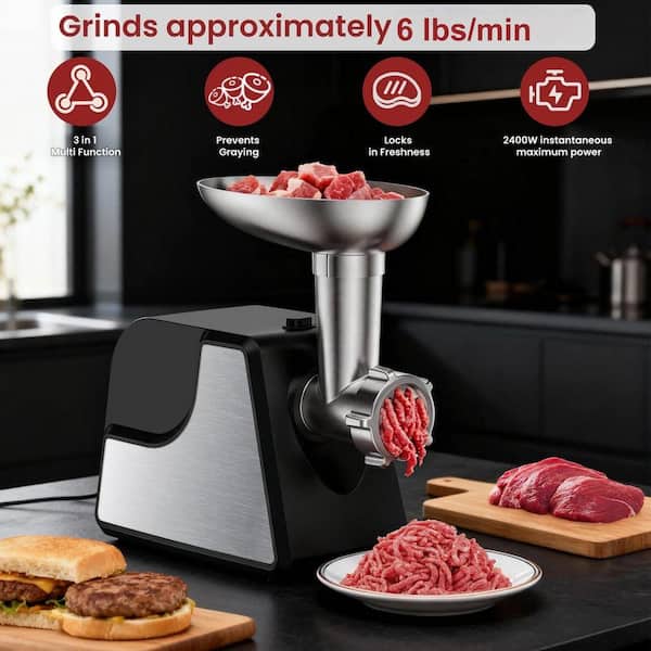 Electric Black Meat Grinder. 2400W Max Meat Grinders, 2 Speeds, 3